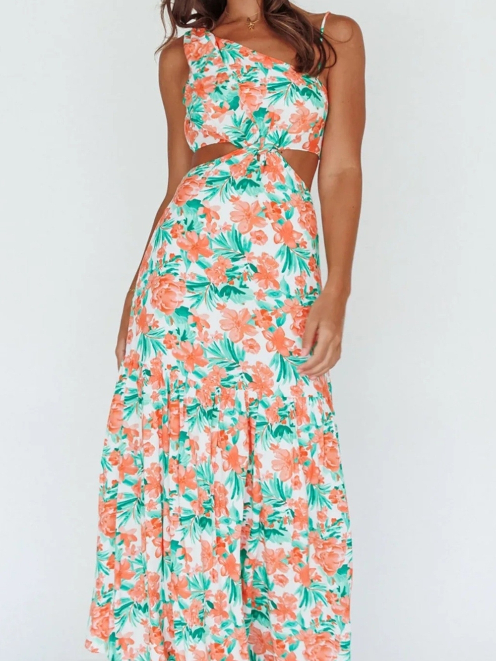 One-Shoulder Coral Floral Maxi Dress with Green Leaf Print